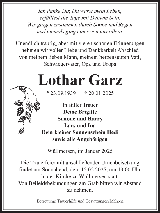 Traueranzeige von Lothar Garz von Volksstimme Altmark West
