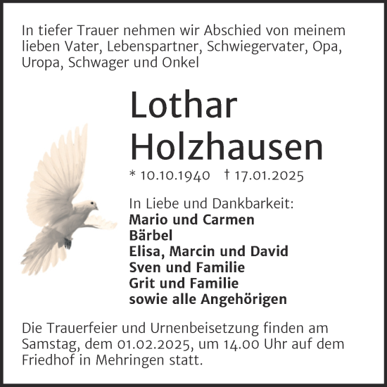 Traueranzeige von Lothar Holzhausen von Trauerkombi Aschersleben