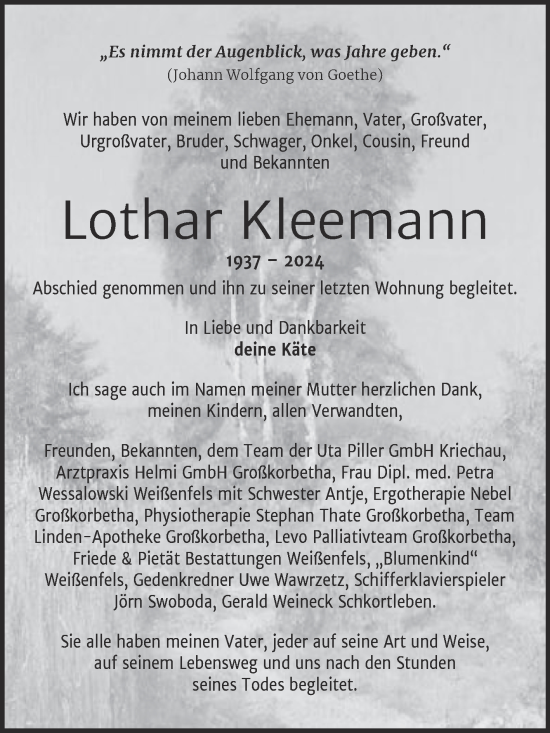 Traueranzeige von Lothar Kleemann von Trauerkombi Weißenfels