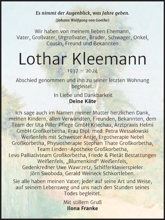 Traueranzeige von Lothar Kleemann von Trauerkombi Weißenfels