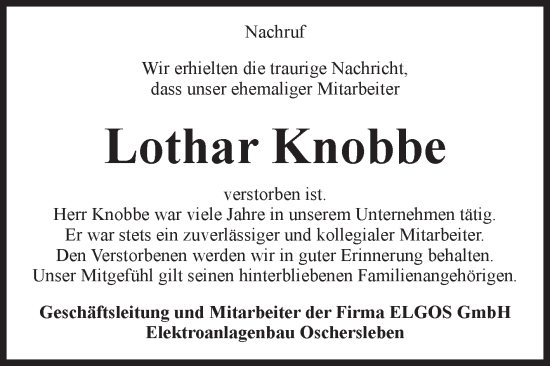 Traueranzeige von Lothar Knobbe von Volksstimme Oschersleben/Wanzleben