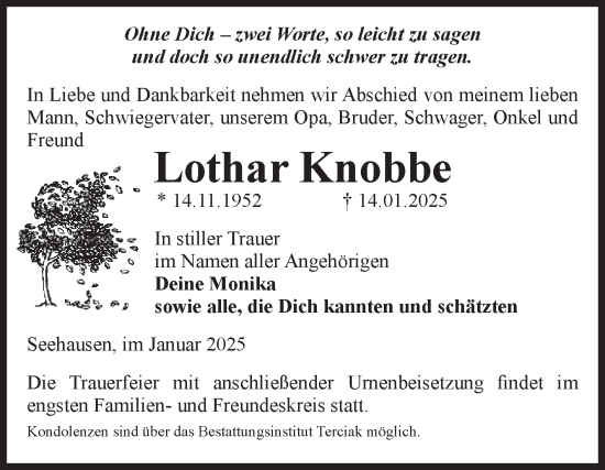 Traueranzeige von Lothar Knobbe von Volksstimme Oschersleben/Wanzleben