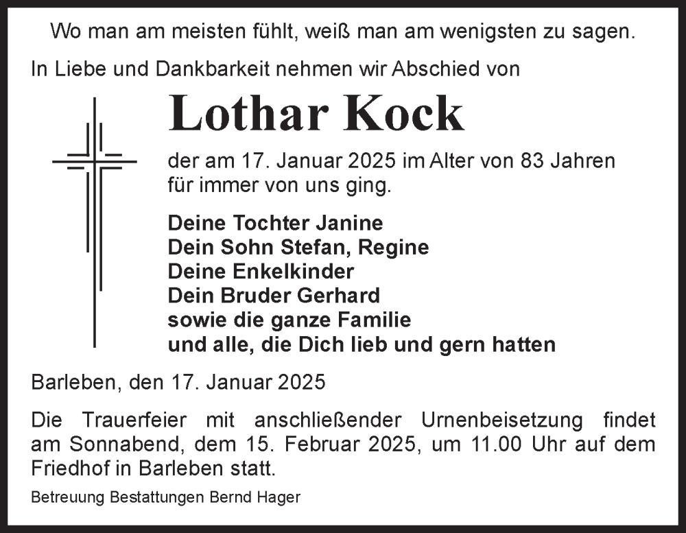  Traueranzeige für Lothar Kock vom 25.01.2025 aus Volksstimme Magdeburg