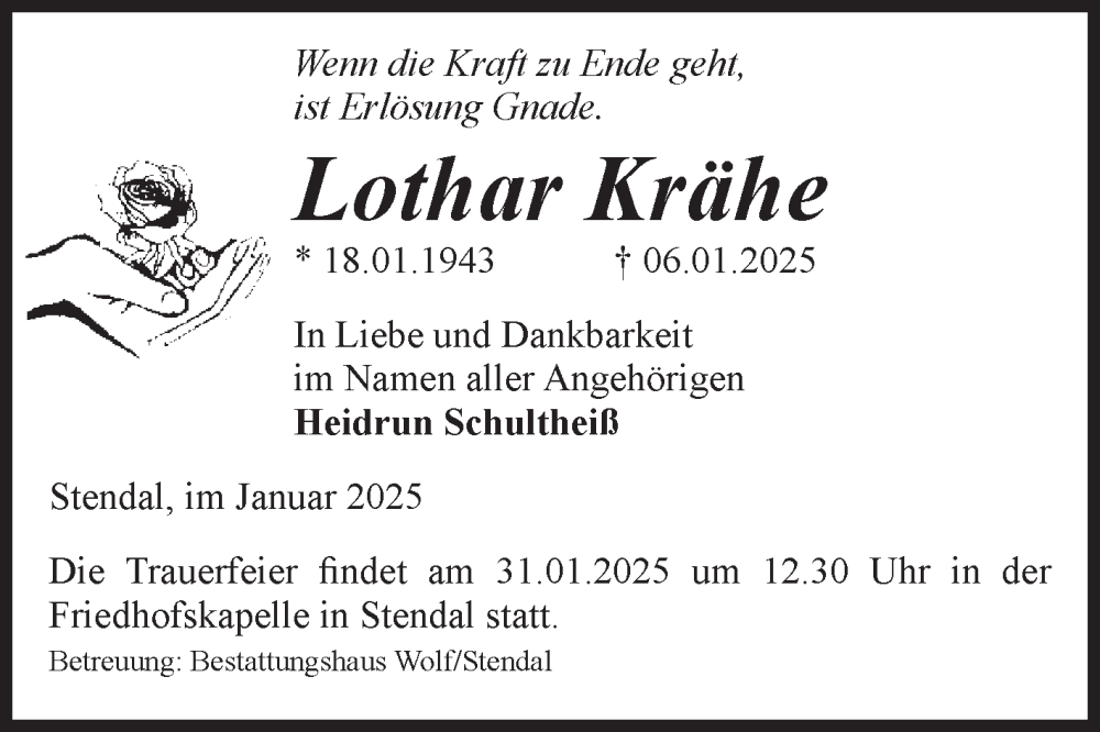 Traueranzeige für Lothar Krähe vom 18.01.2025 aus Volksstimme Altmark Ost