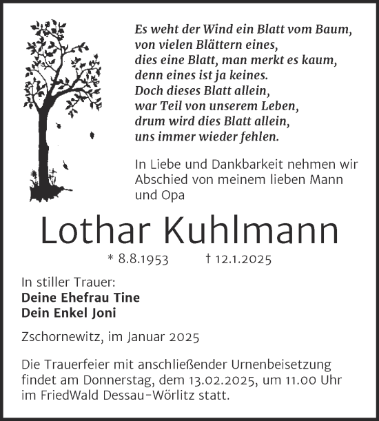 Traueranzeige von Lothar Kuhlmann von Trauerkombi Wittenberg