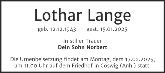 Traueranzeige von Lothar Lange von Trauerkombi Wittenberg