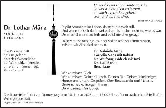 Traueranzeige von Lothar Mänz von Volksstimme Wernigerode