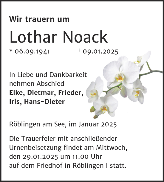 Traueranzeige von Lothar Noack von Trauerkombi Mansfelder Land