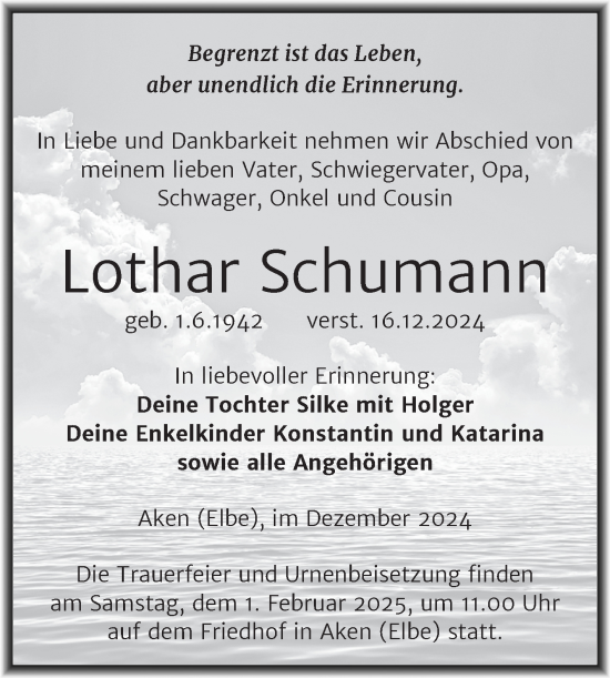 Traueranzeige von Lothar Schumann von Trauerkombi Köthen