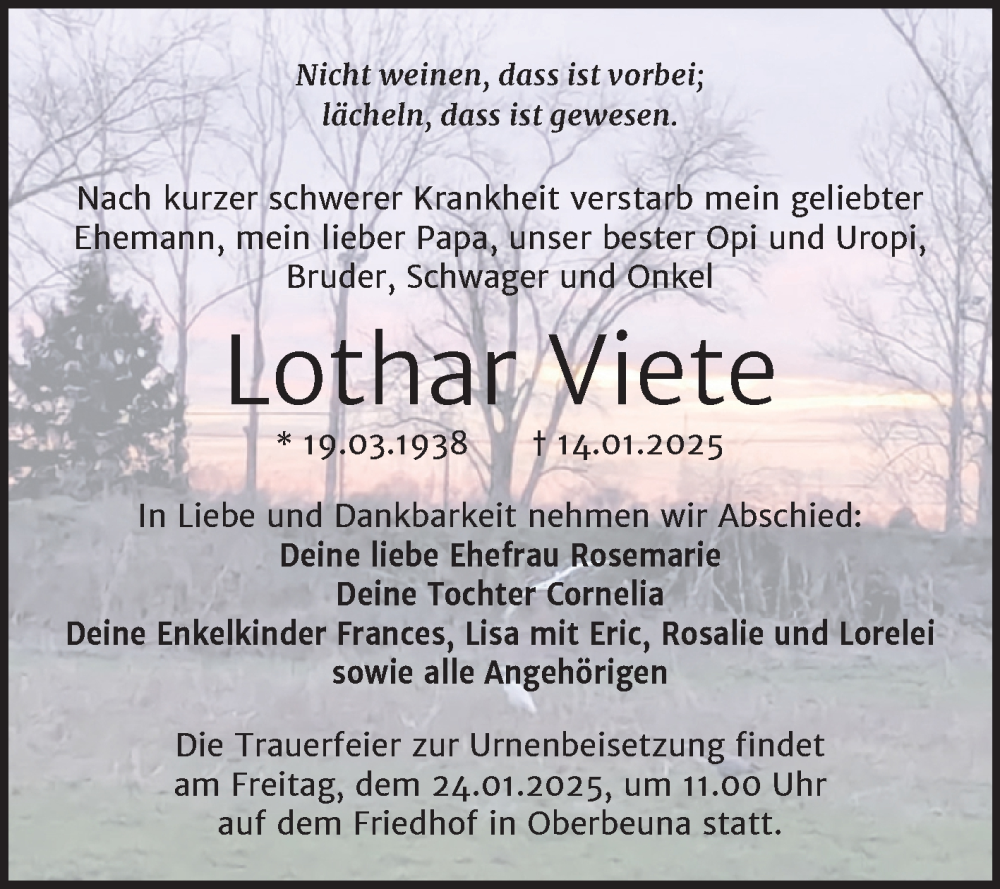  Traueranzeige für Lothar Viete vom 18.01.2025 aus Trauerkombi Merseburg