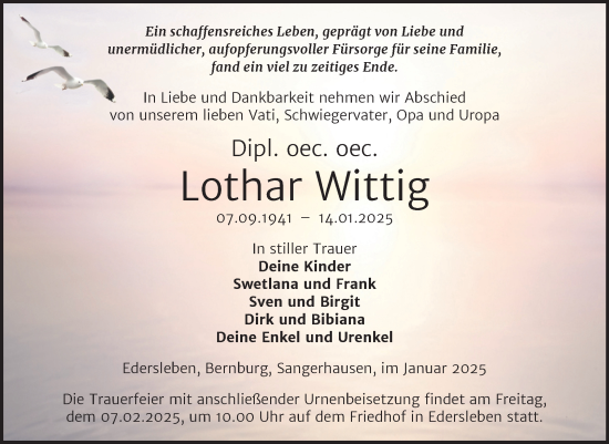 Traueranzeige von Lothar Wittig von Trauerkombi Sangerhausen