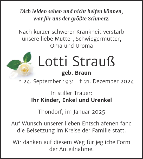 Traueranzeige von Lotti Strauß von Trauerkombi Mansfelder Land
