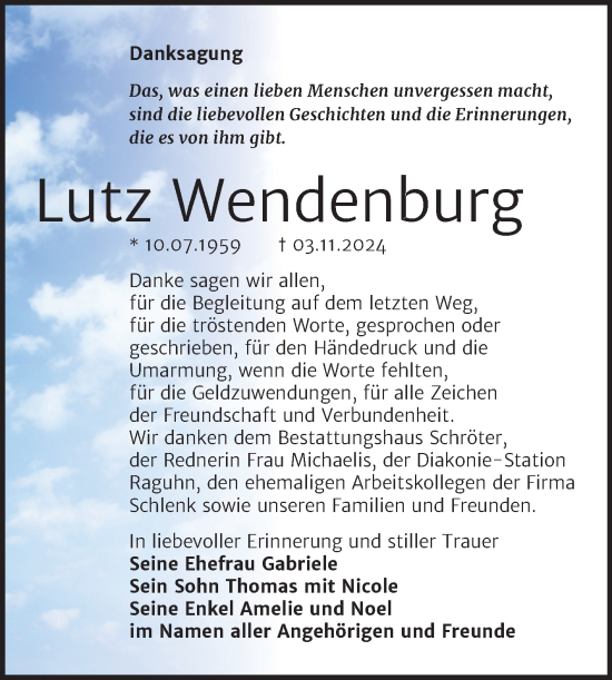 Traueranzeige von Lutz Wendenburg von Trauerkombi Bitterfeld
