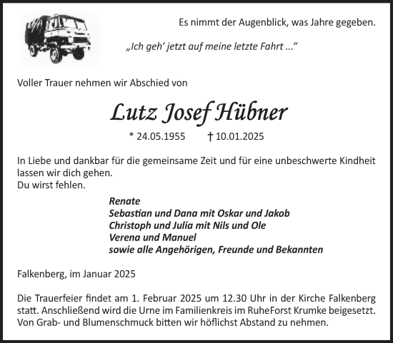 Traueranzeige von Lutz Josef Hübner von Volksstimme Altmark Ost