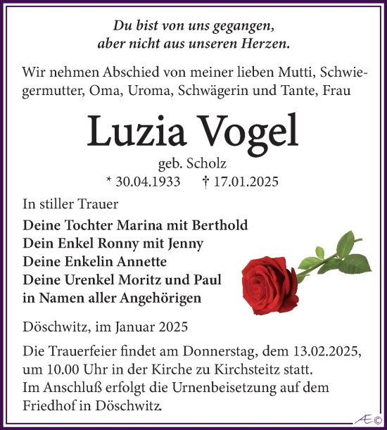 Traueranzeige von Luzia Vogel von Trauerkombi Zeitz
