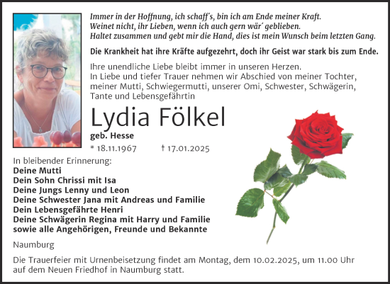 Traueranzeige von Lydia Fölkel von Super Sonntag Naumburg/Nebra