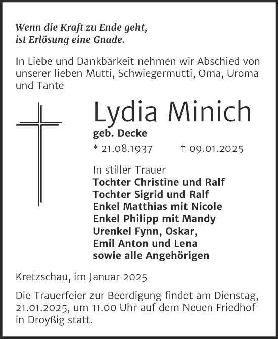 Traueranzeige von Lydia Minich von Trauerkombi Zeitz