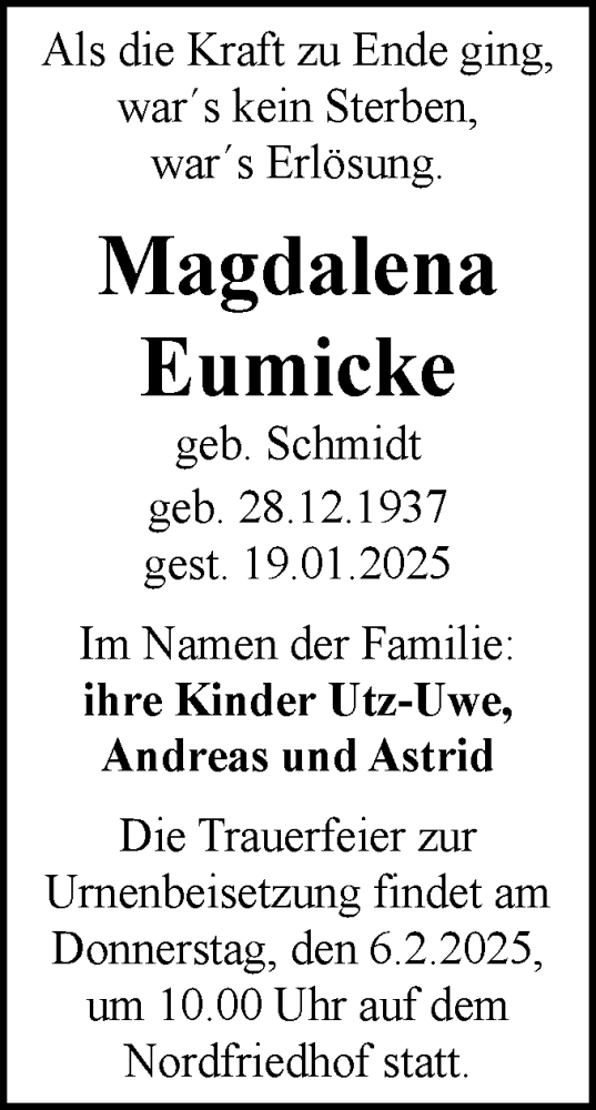 Traueranzeige von Magdalena Eumicke von Mitteldeutsche Zeitung Halle/Saalkreis