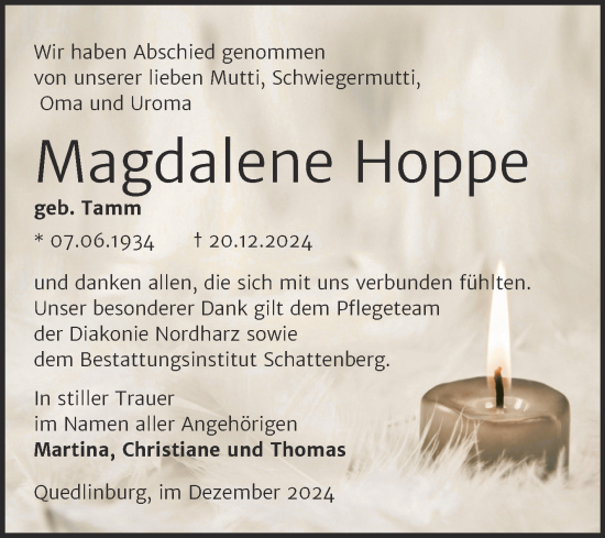 Traueranzeige von Magdalene Hoppe von Trauerkombi Quedlinburg