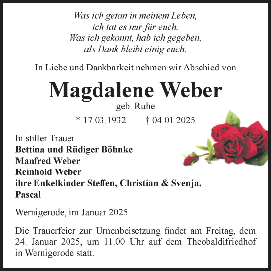 Traueranzeige von Magdalene Weber von Volksstimme Wernigerode