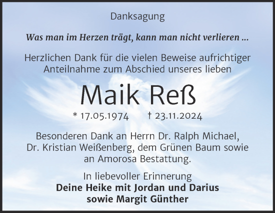Traueranzeige von Maik Reß von Trauerkombi Dessau