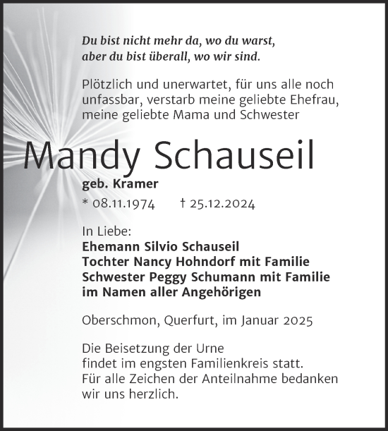 Traueranzeige von Mandy Schauseil von Trauerkombi Merseburg