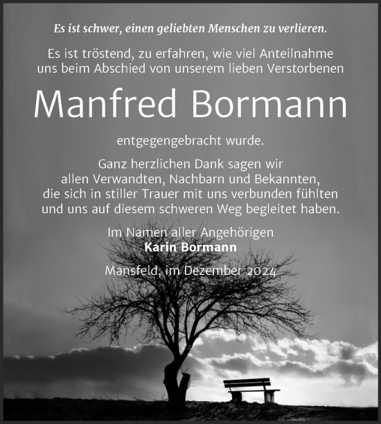 Traueranzeige von Manfred Bormann von Trauerkombi Mansfelder Land