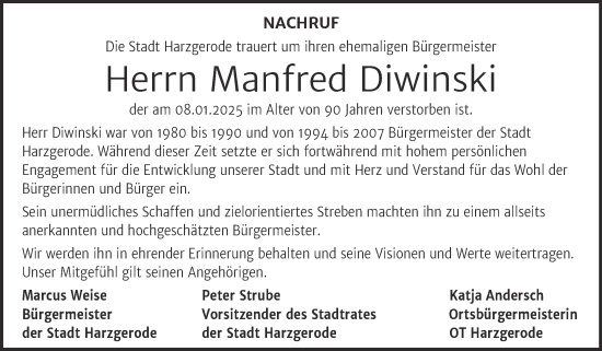 Traueranzeige von Manfred Diwinski von Super Sonntag Quedlingburg