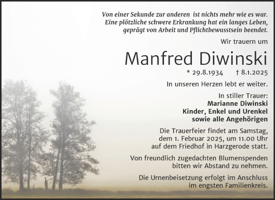 Traueranzeige von Manfred Diwinski von Trauerkombi Quedlinburg