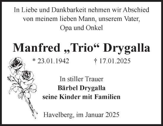 Traueranzeige von Manfred Drygalla von Volksstimme Altmark Ost