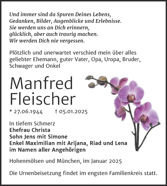 Traueranzeige von Manfred Fleischer von Trauerkombi Weißenfels