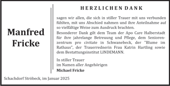 Traueranzeige von Manfred Fricke von Volksstimme Halberstadt