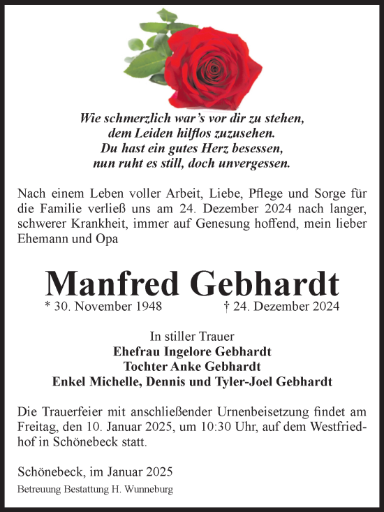 Traueranzeige von Manfred Gebhardt von Volksstimme Schönebeck