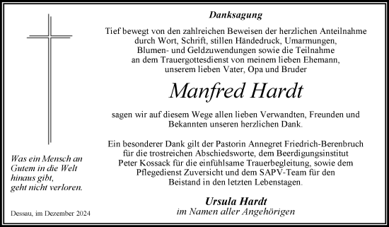 Traueranzeige von Manfred Hardt von Trauerkombi Dessau