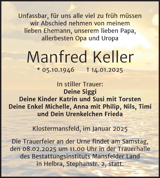 Traueranzeige von Manfred Keller von Trauerkombi Mansfelder Land