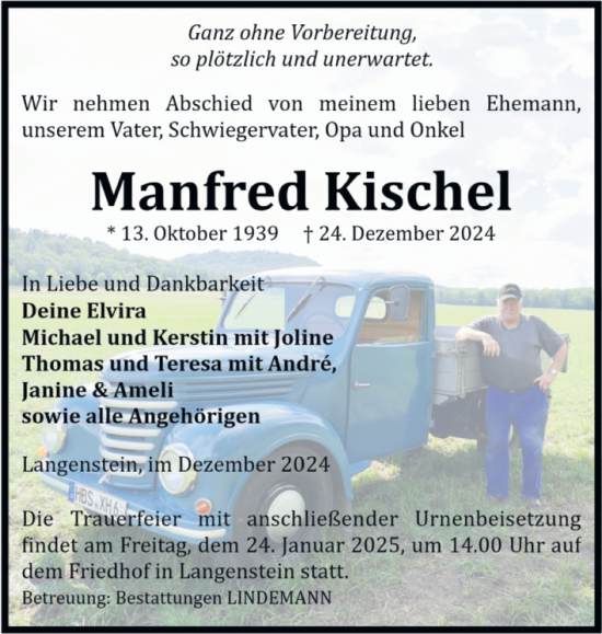 Traueranzeige von Manfred Kischel von Volksstimme Halberstadt