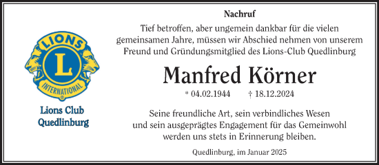 Traueranzeige von Manfred Körner von Mitteldeutsche Zeitung Quedlingburg
