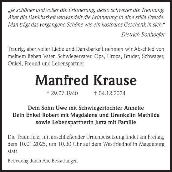 Traueranzeige von Manfred Krause von Volksstimme Magdeburg