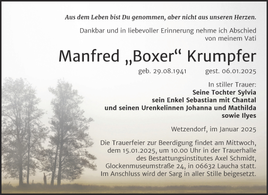Traueranzeige von Manfred Krumpfer von Naumburger Tageblatt