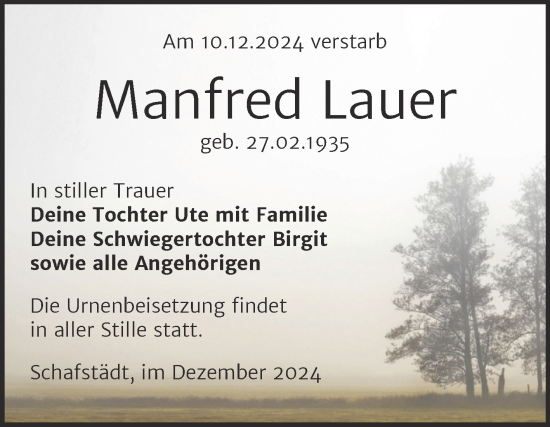 Traueranzeige von Manfred Lauer von Trauerkombi Merseburg