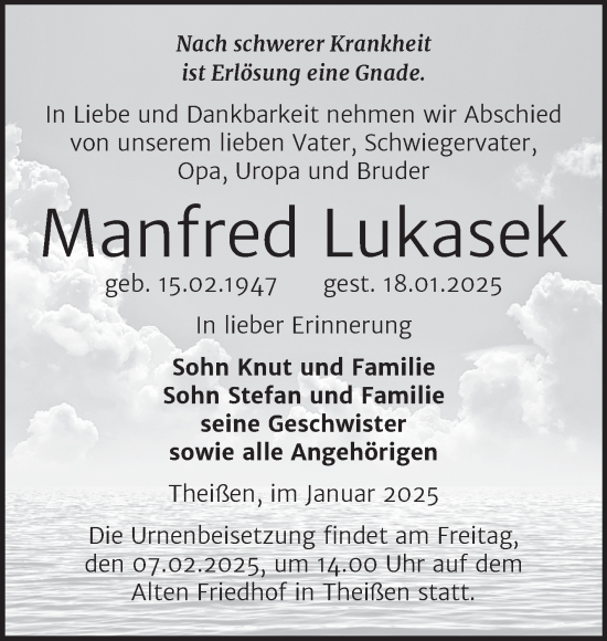 Traueranzeige von Manfred Lukasek von Trauerkombi Zeitz