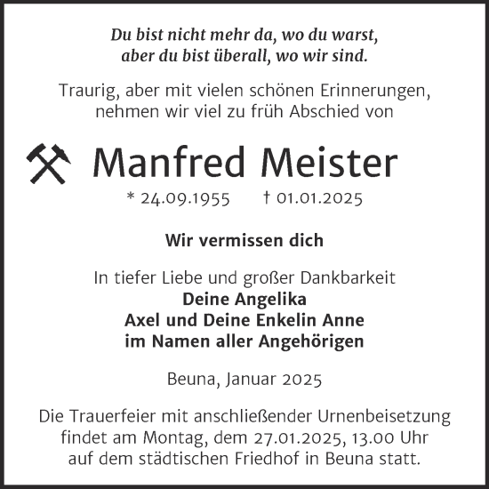 Traueranzeige von Manfred Meister von Trauerkombi Merseburg