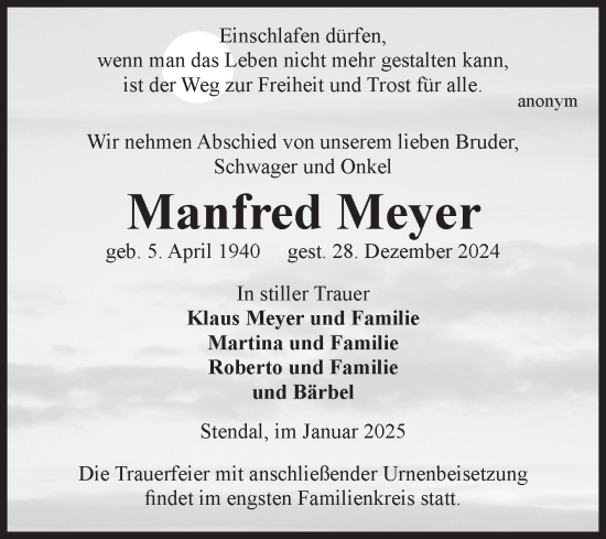 Traueranzeige von Manfred Meyer von Volksstimme Altmark Ost