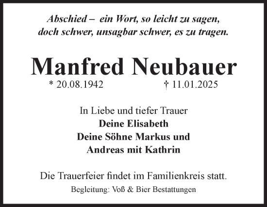 Traueranzeige von Manfred Neubauer von Volksstimme Wernigerode