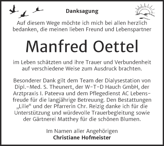 Traueranzeige von Manfred Oettel von Trauerkombi Dessau