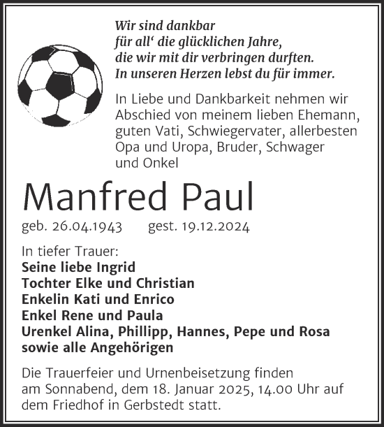 Traueranzeige von Manfred Paul von Trauerkombi Mansfelder Land