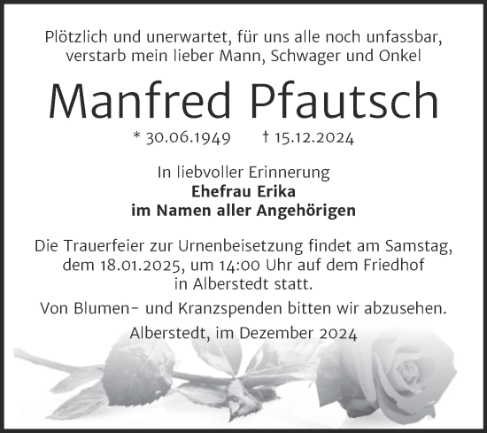 Traueranzeige von Manfred Pfautsch von Trauerkombi Merseburg