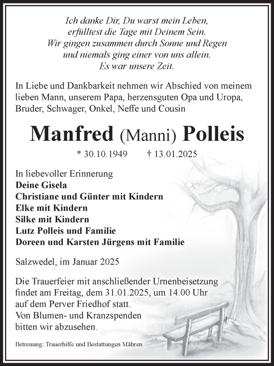 Traueranzeige von Manfred Polleis von Volksstimme Altmark West