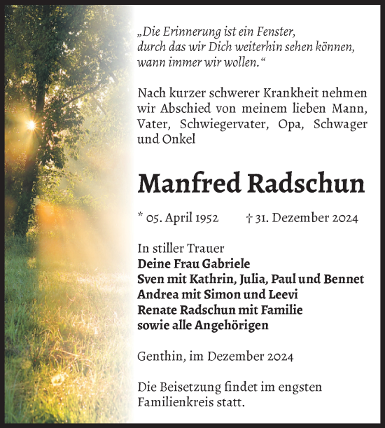 Traueranzeige von Manfred Radschun von Volksstimme Burg/Genthin