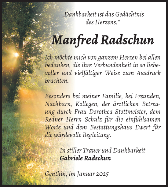 Traueranzeige von Manfred Radschun von Volksstimme Burg/Genthin